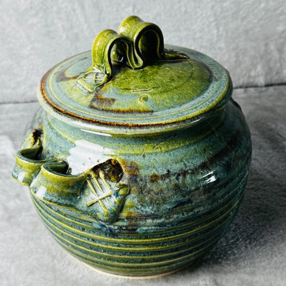 Studio Pottery Lidded Canister Green Brown Glaze Rustic Stoneware Crock Tureen